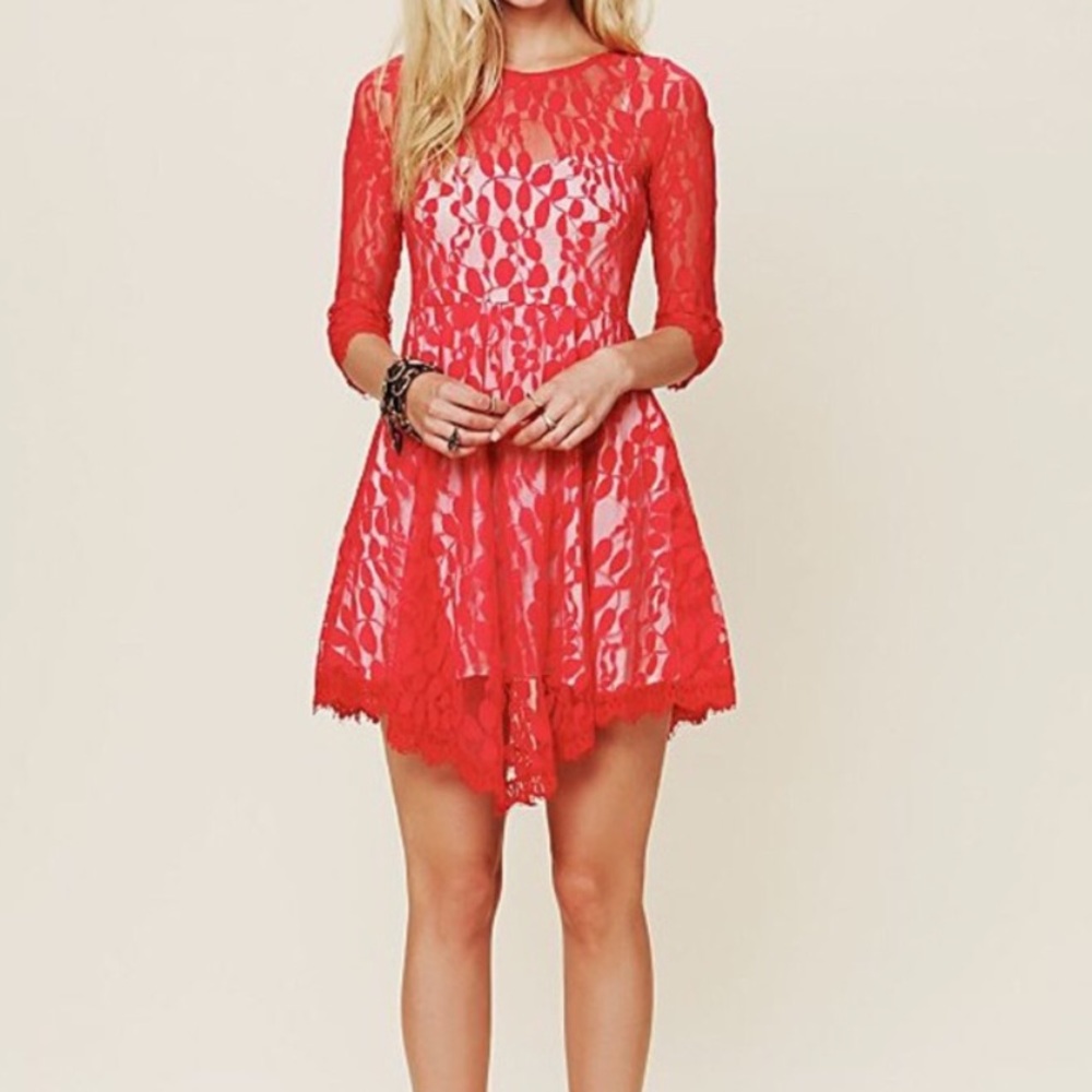 Free People Red Lace Floral Overlay Dress